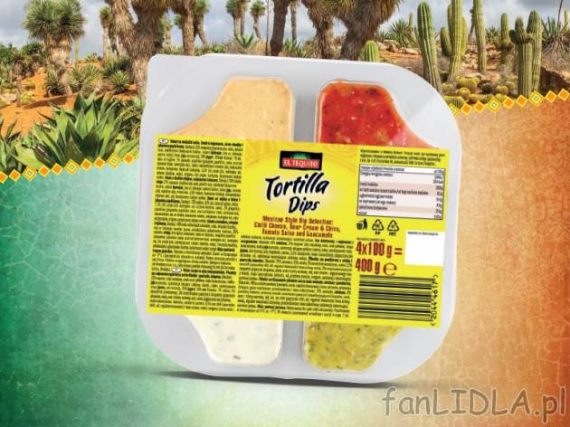 Tortilla dips , cena 9,99 PLN za 4x100g/1 opak., 1kg=24,98 PLN.
