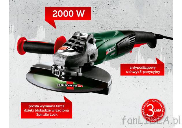 Szlifierka kątowa 2000 W Parkside, cena 179,00 PLN za 1 opak. 
- front obudowy ...