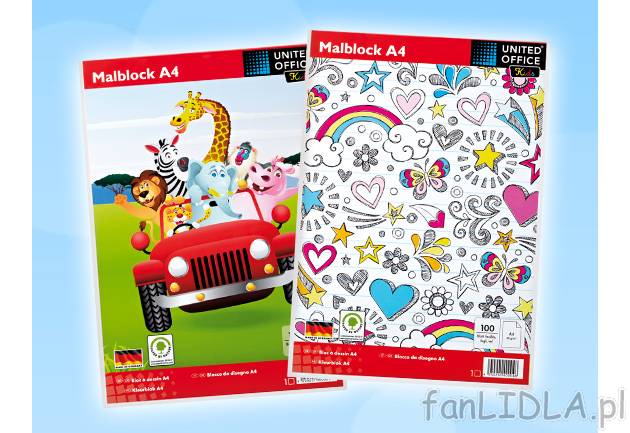 Blok A4 100 kartek United Office Kids, cena 5,99 PLN za 1 szt. 
- blok rysunkowy ...
