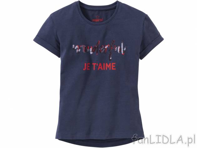Bluzka z cekinami , cena 17,99 PLN. Granatowy T-shirt z okrągłym dekoltem i czerwoną aplikacją z ...