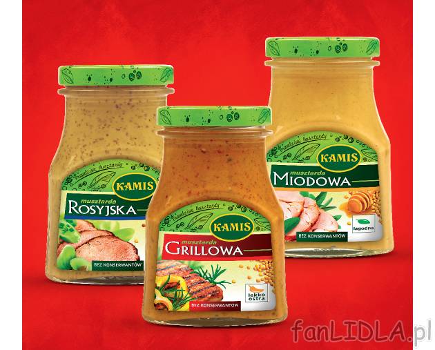 Kamis musztarda , cena 1,69 PLN za 180/185 g 
- Do wyboru: grillowa, miodowa lub ...