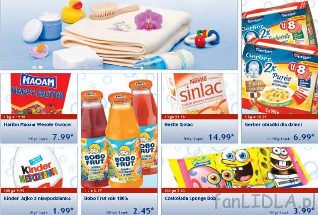 Żelki Haribo Maoam, Kinder niespodzianka, Bobo frut, , Nestle Sinlac, Gerber obiadki ...