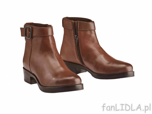 Buty skórzane o eleganckim wyglądzie, z ozdobną klamrą i zapinane na zamek ...