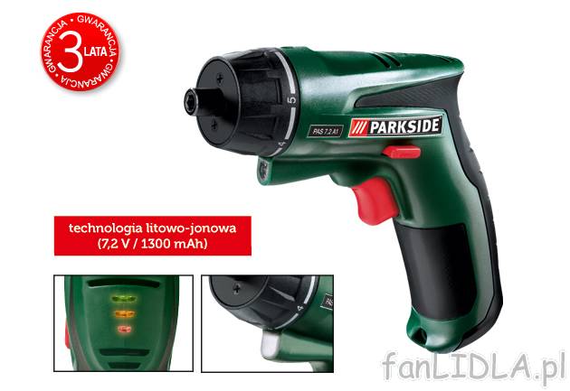 Wkrętak akumulatorowy 7.2V Parkside, cena 99,00 PLN za 1 opak. 
- technologia ...