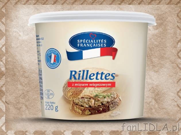 Rillettes z mięsem wieprzowym , cena 4,00 PLN za 220 g/1 opak., 100 g=2,27 PLN. ...