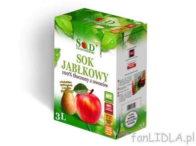 Sad Sandomierski Sok tłoczony  , cena 8,88 PLN za 3L/1 opak., 1L=2,96 PLN.