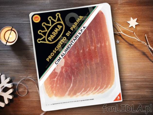 Oryginalna szynka parmeńska , cena 8,59 PLN za 90 g/1 opak., 100g=9,54 PLN.