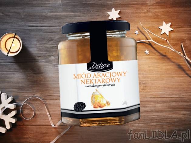 Miód akacjowy z woskowym plastrem , cena 19,99 PLN za 340g/1 opak., 1kg=58,79 PLN.