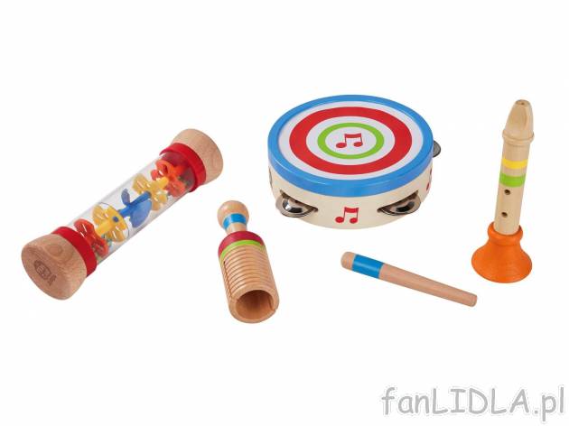 Zestaw drewnianych instrumentów muzycznych , cena 49,99 PLN. Zabawka rozwijająca ...