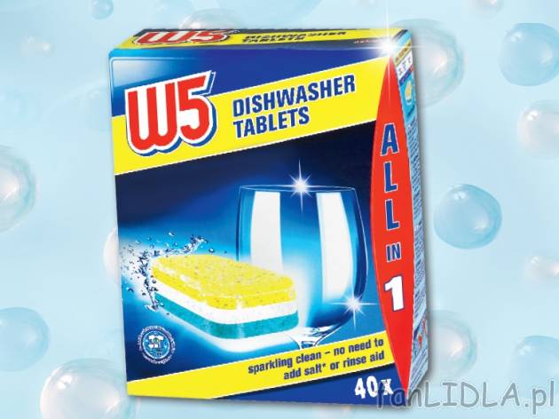 W5 Tabletki do zmywarki , cena 0,00 PLN za 40x19 g/1 opak., 1 kg=17,09 PLN. 
- ...