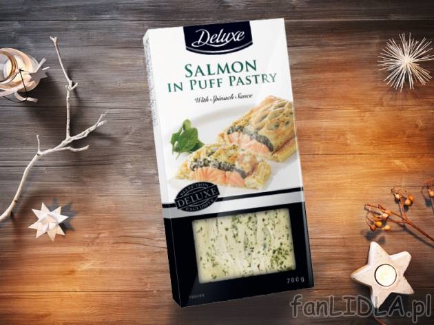 Łosoś w cieście francuskim , cena 17,99 PLN za 700 g/1 opak., 1kg=25,70 PLN.