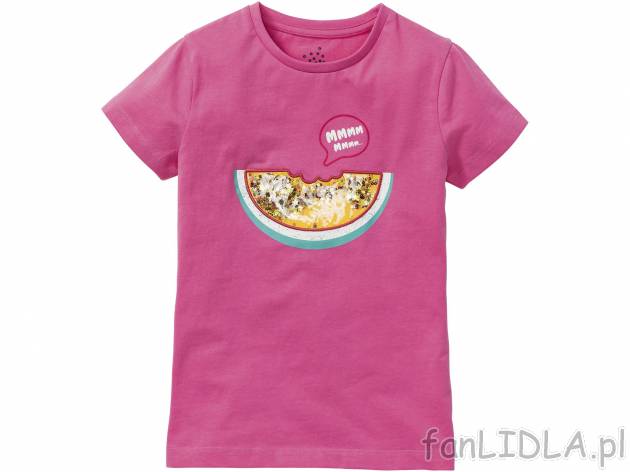 T-shirt dziewczęcy , cena 17,99 PLN  
-  rozmiary: 122-152
-  dwustronne cekiny