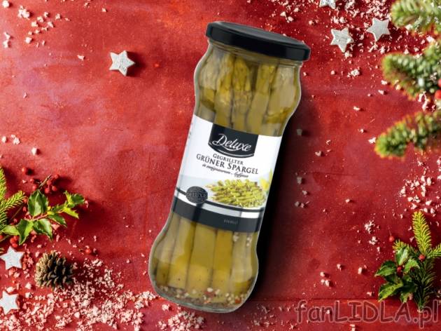 Szparagi zielone , cena 9,99 PLN za 350 g/1 opak., 1kg=54,00 wg wagi odcieku PLN.