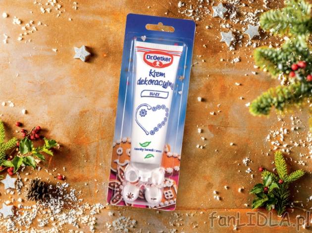 Dr Oetker Krem dekoracyjny biały , cena 4,99 PLN za 120 g/1 opak., 100g=4,16 PLN.