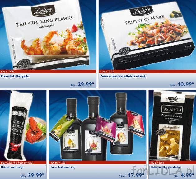 Krewetki olbrzymie, owoce morza w oliwie z oliwek, homar mrożony, ocet balsamiczny, ...