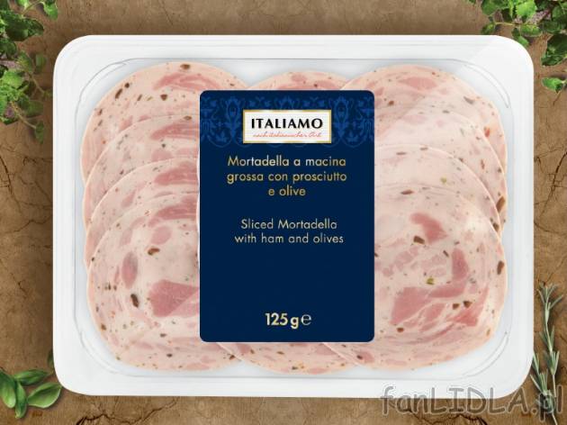 Mortadela z szynką , cena 4,99 PLN za 125 g/1opak., 100g=3,99 PLN.
