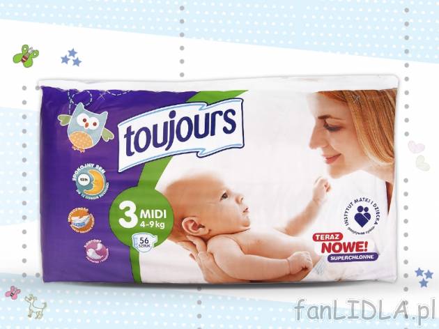 Pieluszki dla dzieci Midi, Maxi lub Junior , cena 27,99 PLN za 56/50/44 szt./1 opak. ...