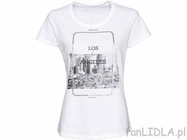 T-shirt , cena 19,99 PLN. Damska koszulka z nadrukiem i okrągłym dekoltem. 
- ...