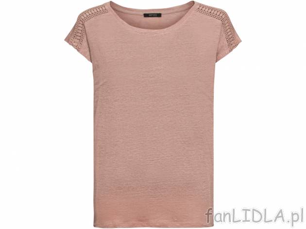 Bluzka lniana , cena 29,99 PLN. Damski T-shirt z okrągłym dekoltem i aplikacją ...