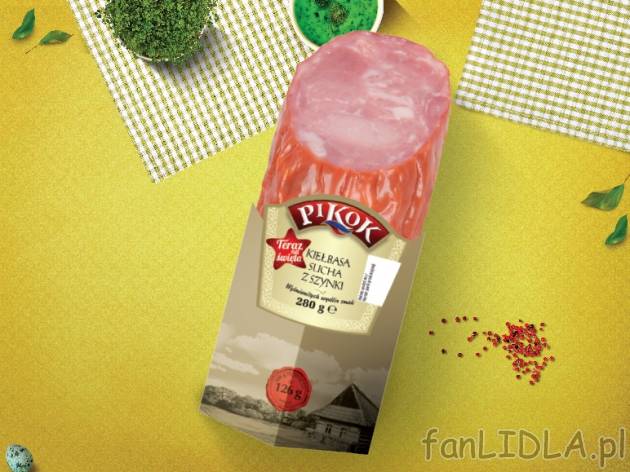 Pikok Kiełbasa sucha z szynki w kawałku , cena 7,00 PLN za 280 g/1 opak., 1 kg=26,75 ...