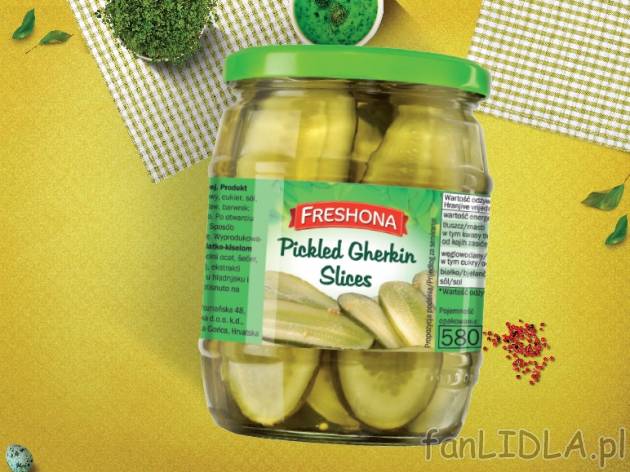 Freshona Ogórki w plastrach , cena 3,00 PLN za 530 g/1 opak., 1 kg=12,03 PLN.