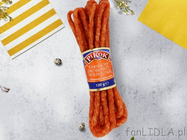 Pikok Kabanosy , cena 3,00 PLN za 120 g/1 opak., 100 g=3,33 PLN.  
-      różne rodzaje