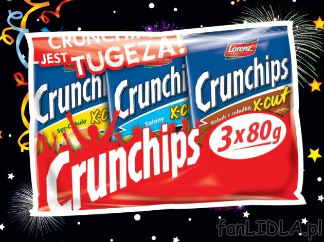 Chipsy Crunchips , cena 5,99 PLN za 3 x 80 g/1 opak., 100 g=2,50 PLN. 
- Trzy rodzaje ...