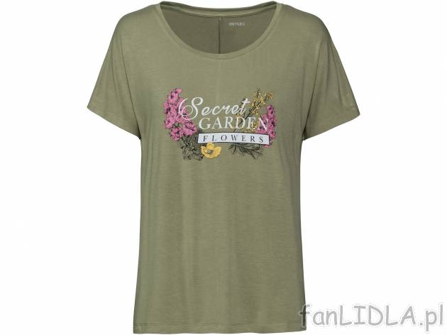 T-shirt z wiskozy , cena 19,99 PLN. Damski T-shirt na lato z modnym nadrukiem. 
- ...