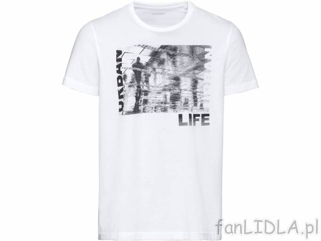 T-shirt , cena 19,99 PLN. Męski T-shirt z nadrukiem i okrągłym dekoltem. 
- ...