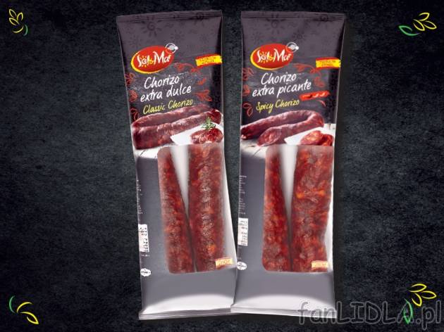 Kiełbasa chorizo , cena 6,00 PLN za 280 g/1 opak., 1 kg=23,79 PLN. 
- różne ...