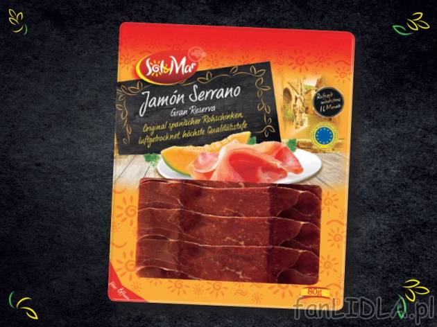 Szynka krojona Jamon Serrano Gran Reserva , cena 6,00 PLN za 80 g/1 opak., 100 g=8,74 PLN.