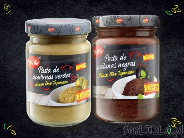 Pasta z zielonych lub z czarnych oliwek , cena 4,00 PLN za 135 g/1 opak., 100 g=3,70 PLN.