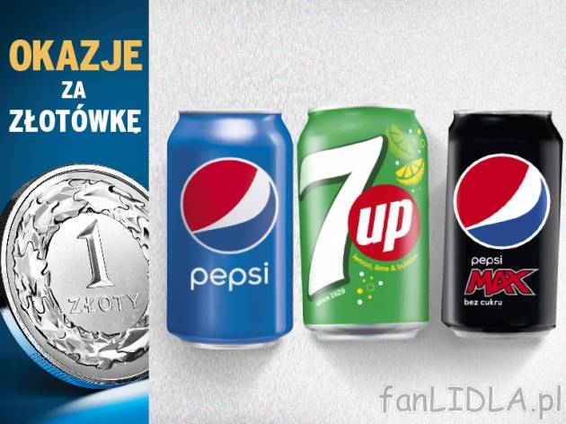 Pepsi Regular/Max/Mirinda/7up , cena 1,00 PLN za 330ml/1 opak., 1l=3,03 PLN.