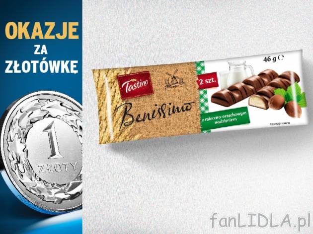 Tastino Benissimo wafelek z nadzieniem mleczno-orzechowym , cena 1,00 PLN za 90g/1szt., ...