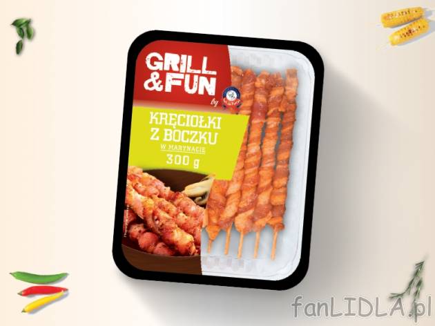 Grill&Fun Kręciołki z boczku , cena 4,00 PLN za 300 g/1 opak., 1 kg=16,63 PLN.