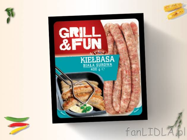 Grill&Fun Kiełbasa biała surowa , cena 5,00 PLN za 400 g/1 opak., 1 kg=14,98 PLN.