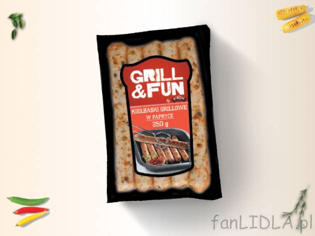 Grill&Fun Kiełbaski grillowe , cena 4,00 PLN za 250 g/1 opak., 100 g=2,00 PLN.