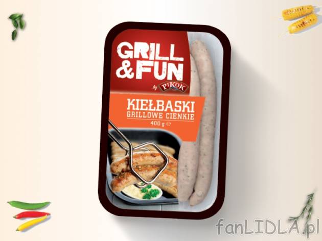 Grill&Fun Kiełbaski grillowe cienkie , cena 6,00 PLN za 400 g/1 opak., 1 kg=16,23 ...