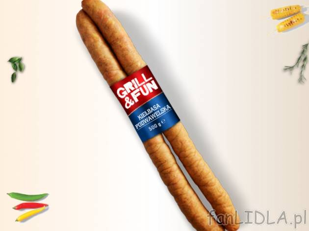 Grill&Fun Kiełbasa podwawelska , cena 7,00 PLN za 500 g/1 opak., 1 kg=14,90 PLN.