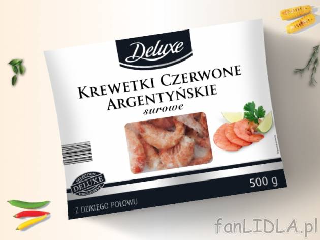 Deluxe Krewetki czerwone argentyńskie , cena 17,00 PLN za 500 g/1 opak., 1 kg=55,98 PLN.