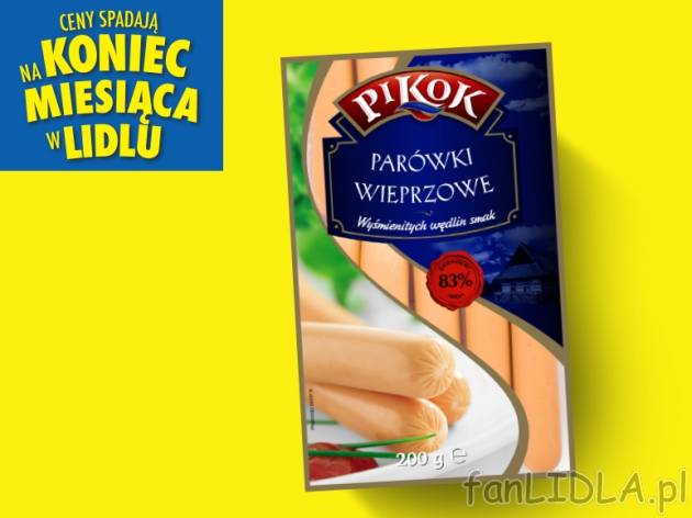 Pikok Parówki wieprzowe , cena 1,00 PLN za 200 g/1 opak., 100 g=1,00 PLN.