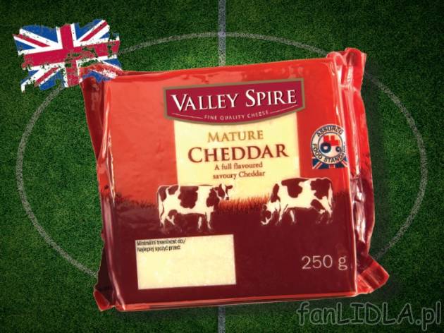 Brytyjski ser Cheddar w kawałku , cena 5,00 PLN za 250g/1 opak., 100g=2,40 PLN.