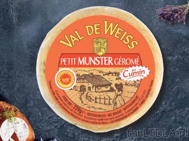 Ser Munster z kminkiem , cena 8,00 PLN za 220 g/1 opak., 100 g=4,09 PLN.