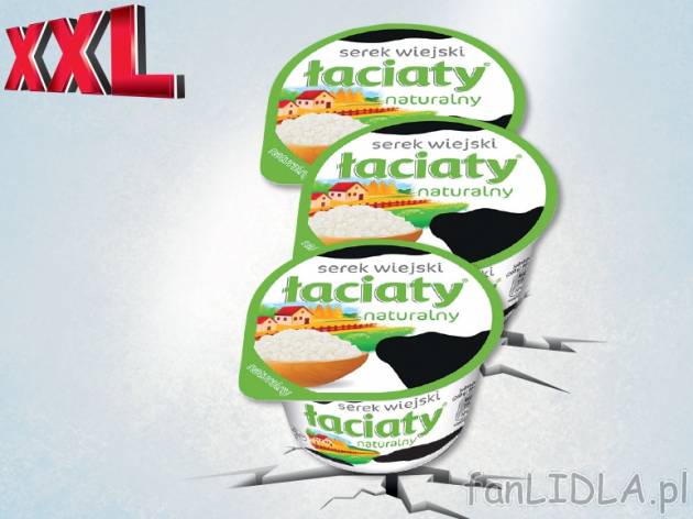 Łaciaty Serek wiejski naturalny , cena 4,00 PLN za 3 x 200 g, 1 kg=7,40 PLN. 
*cena ...