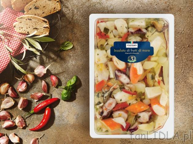 Sałatka z owoców morza z warzywami , cena 11,00 PLN za 400 g/1 opak., 1 kg=29,98 PLN.