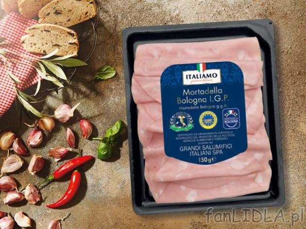 Mortadela Bologna kiełbasa wieprzowa , cena 5,00 PLN za 150 g/1 opak., 100 g=3,99 PLN.