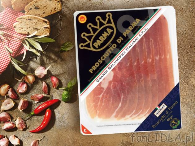 Oryginalna włoska szynka parmeńska , cena 8,00 PLN za 90 g/1 opak., 100 g=9,99 PLN.