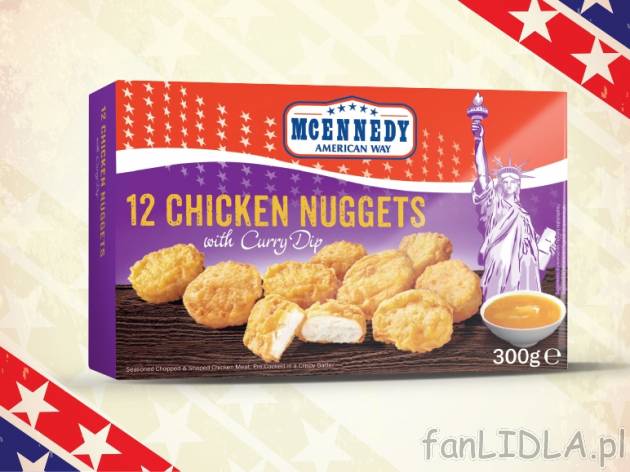 Nuggetsy z kurczaka , cena 7,00 PLN za 300 g/1 opak., 1 kg=26,63 PLN.