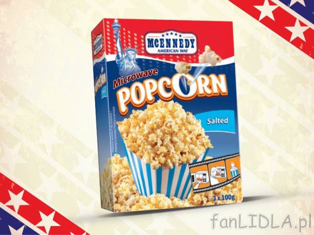Popcorn solony , cena 3,00 PLN za 3 x 100g/1 opak., 1 kg=13,30 PLN.