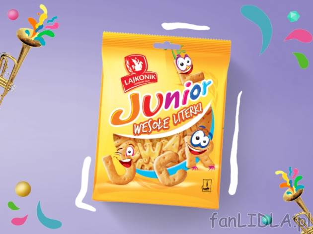 Lajkonik Junior Wesołe literki , cena 2,00 PLN za 140 g/1 opak., 100 g=1,64 PLN.